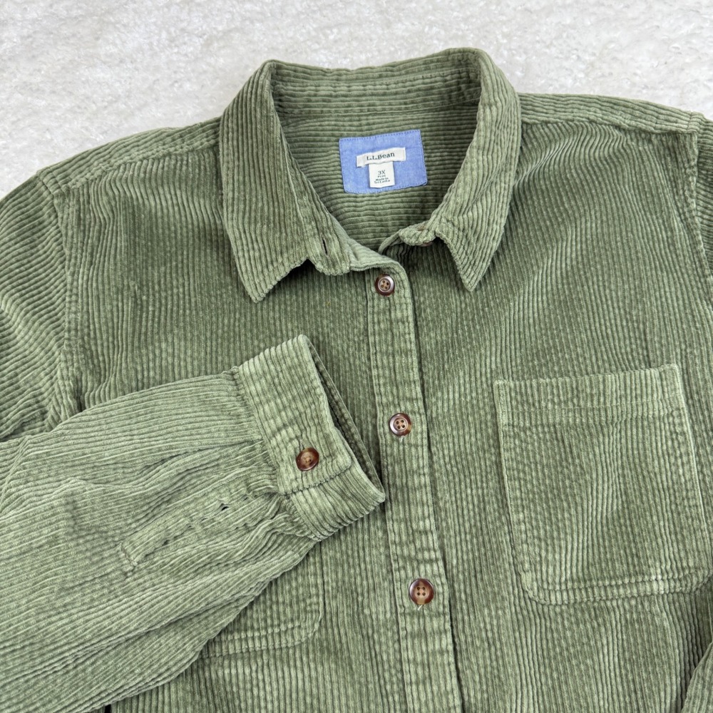 LL Bean Corduroy Shirt Women 3X Green Button Up Long Sleeve Shacket Pockets